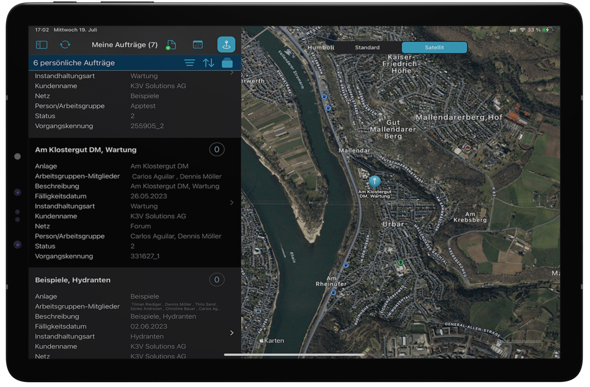 K3V APP – Geteilter Bildschirm: Aufträge und Karte (iPad)